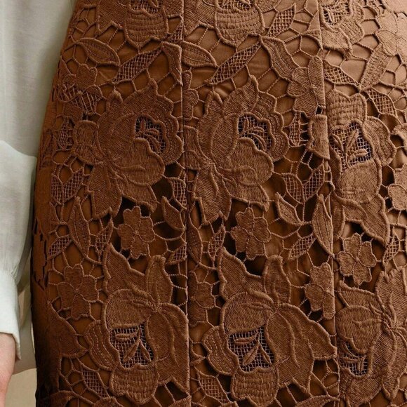 Coffee Brown Elegant Women's Patchwork Design Heavy Lace Hollow-Out Skirt - Picture 2 of 7